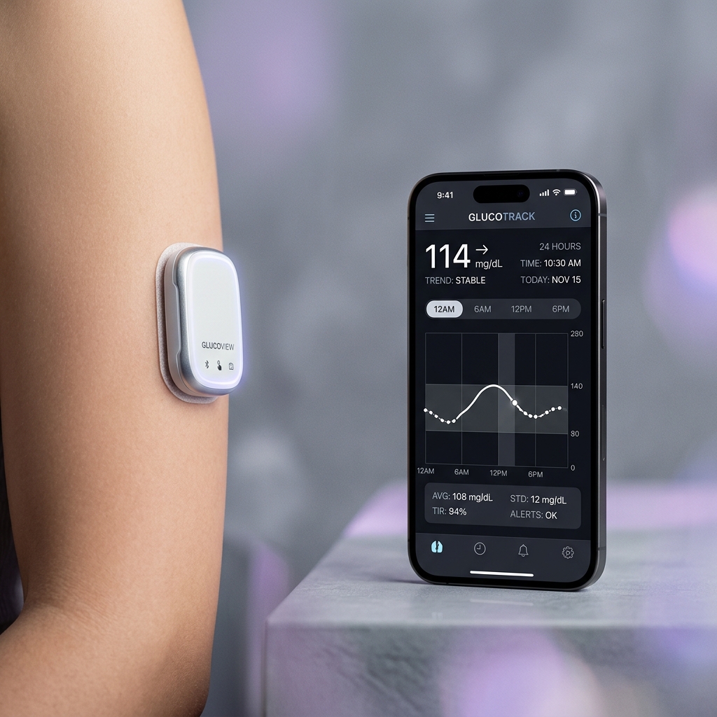 Continuous Glucose Monitor device and smartphone graph