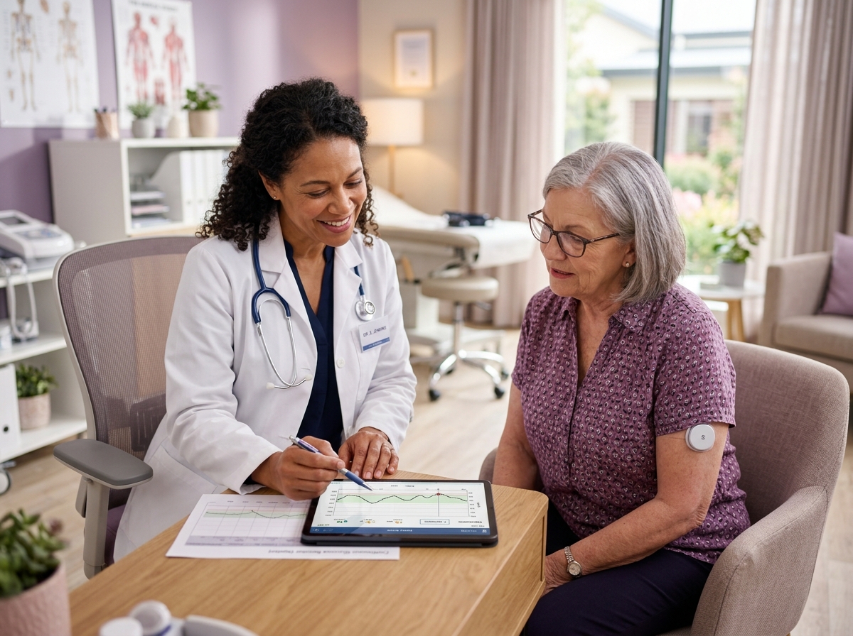 Doctor reviewing continuous glucose chart with patient