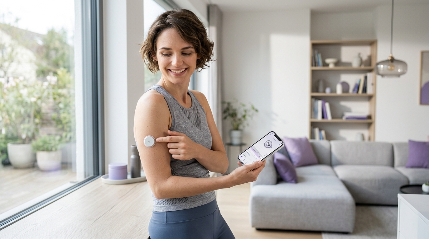 Patient happily using Continuous Glucose Monitor app